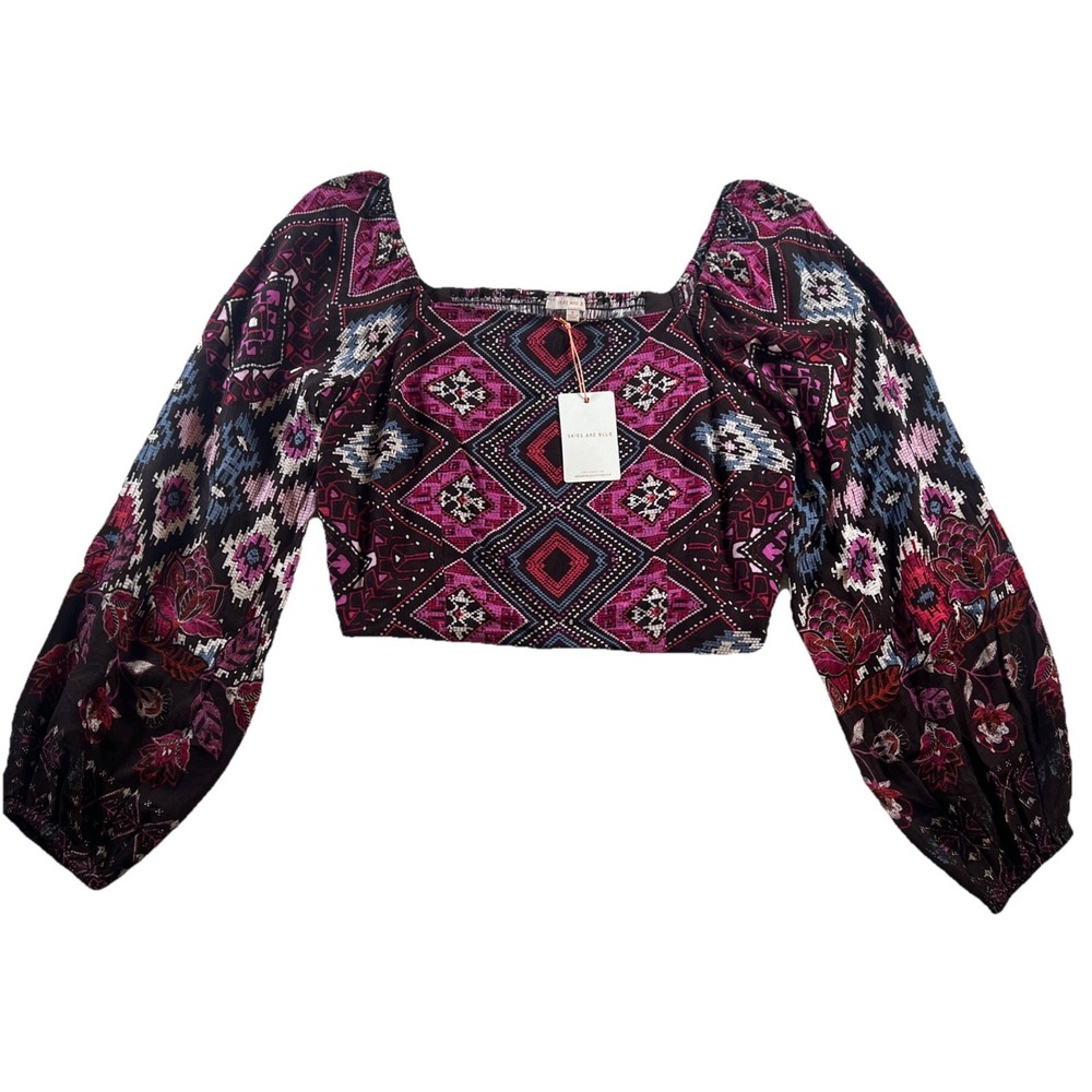NWT Skies Are‎ Blue Cropped Blouse Balloon Long Sleeve Floral Women's Size Small